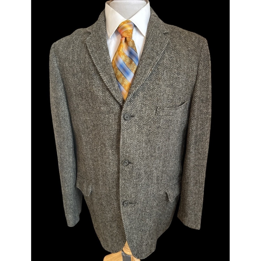 VTG Harris Tweed Blazer Sz 46R Green Herringbone Wool Hardwick 3 Button Jacket